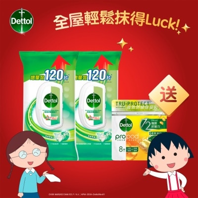 DETTOL 滴露消毒清潔濕紙巾120片孖裝(青蘋果味)送贈品(贈品隨機發送)