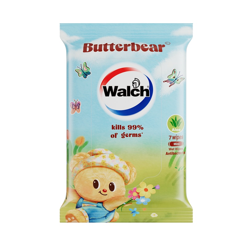 Walch Antibacterial Mini Wet Wipes Aloe 7wipes  (BUTTERBEAR packaging dispatched randomly)