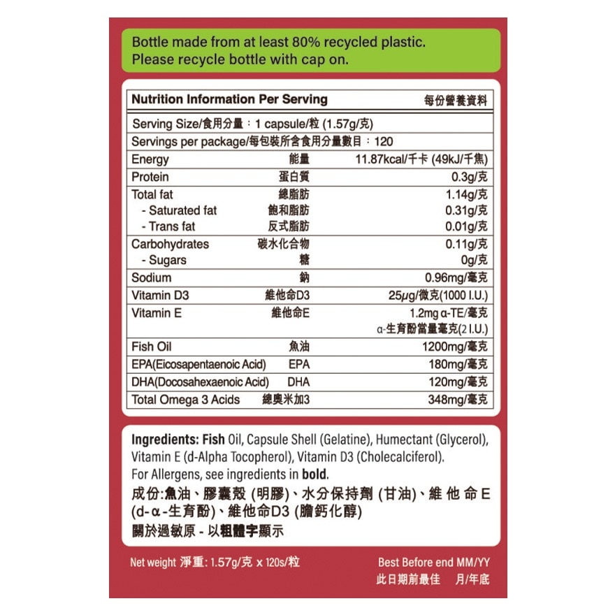 奧米加3魚油1200毫克及維他命D3 120粒