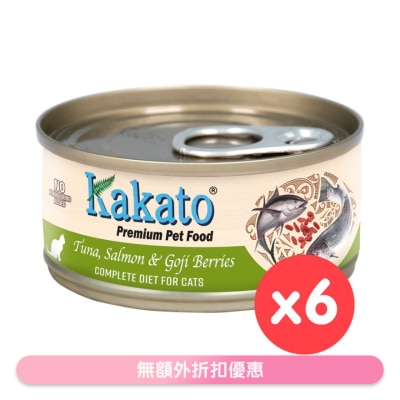 KAKATO - 全营养 全猫主食罐 - 吞拿鱼、三文鱼和杞子 (70g x6) 657671 (中英 / 英文包装随机发放)