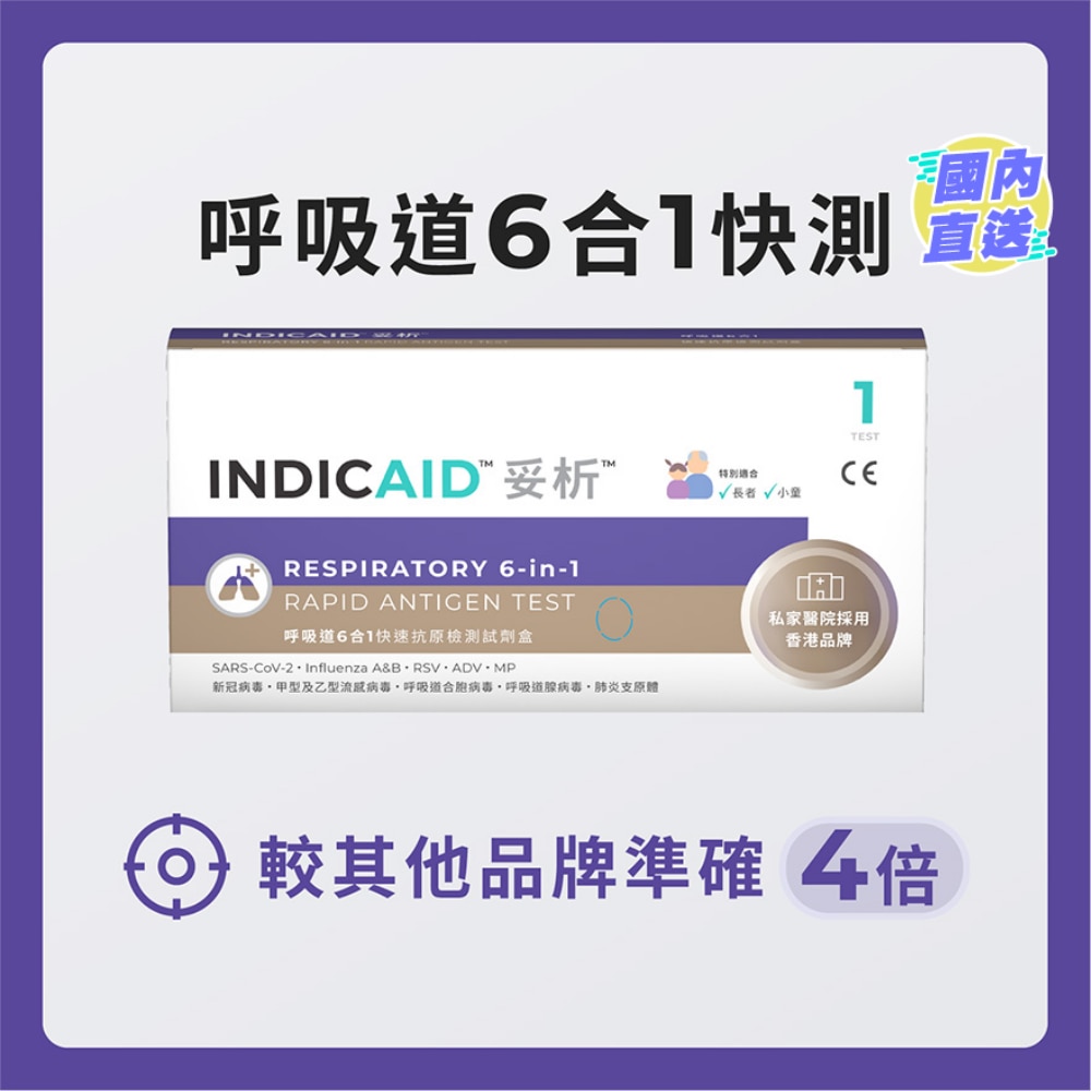 INDICAID™妥析™ 呼吸道6合1快速抗原檢測試劑盒 (新冠病毒 / 甲型及⼄型流感 / 呼吸道合胞病毒 / 呼吸道腺病毒 / 肺炎支原體)