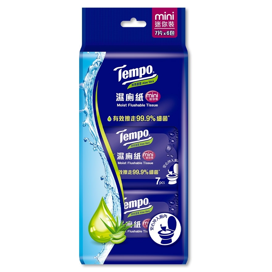 TEMPO MINI MOIST FLUSHABLE TISSUE ALOE VERA 6S