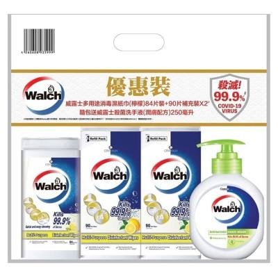 WALCH Walch Multi-purpose Disinfectant Wipes Lemon 84s+ 90wipes Refill*2 Promotion Pack (Random Free Gift)