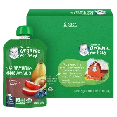 GERBER Gerber Organic Pear Blueberry Apple Avocado Fruit Puree Pouch 99G 6pcs