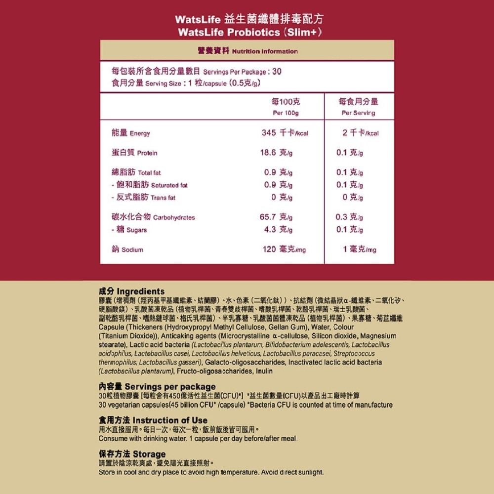 WatsLife 益生菌纖體排毒配方 (30粒)