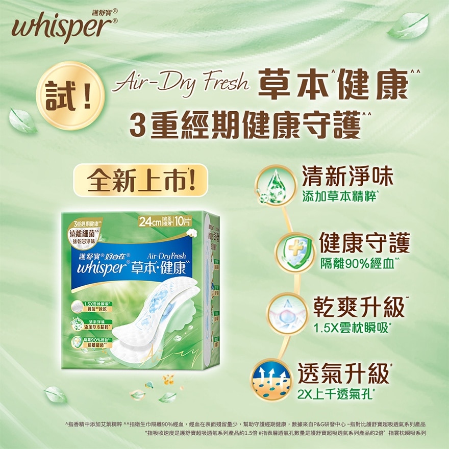 Whisper Air Dry Fresh 純棉護墊24cm 10片