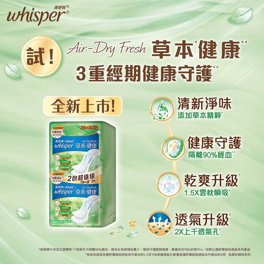 Whisper Air Dry Fresh 純棉護墊24cm 20片