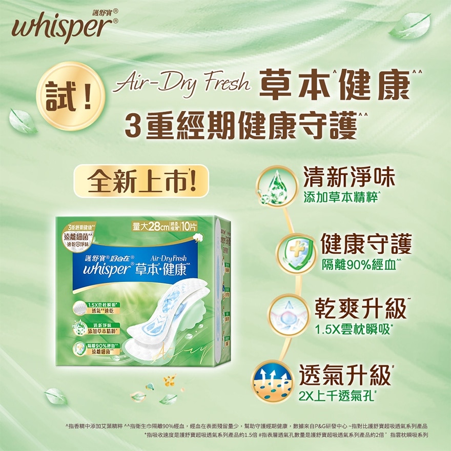 Whisper Air Dry Fresh 純棉護墊28cm 10片