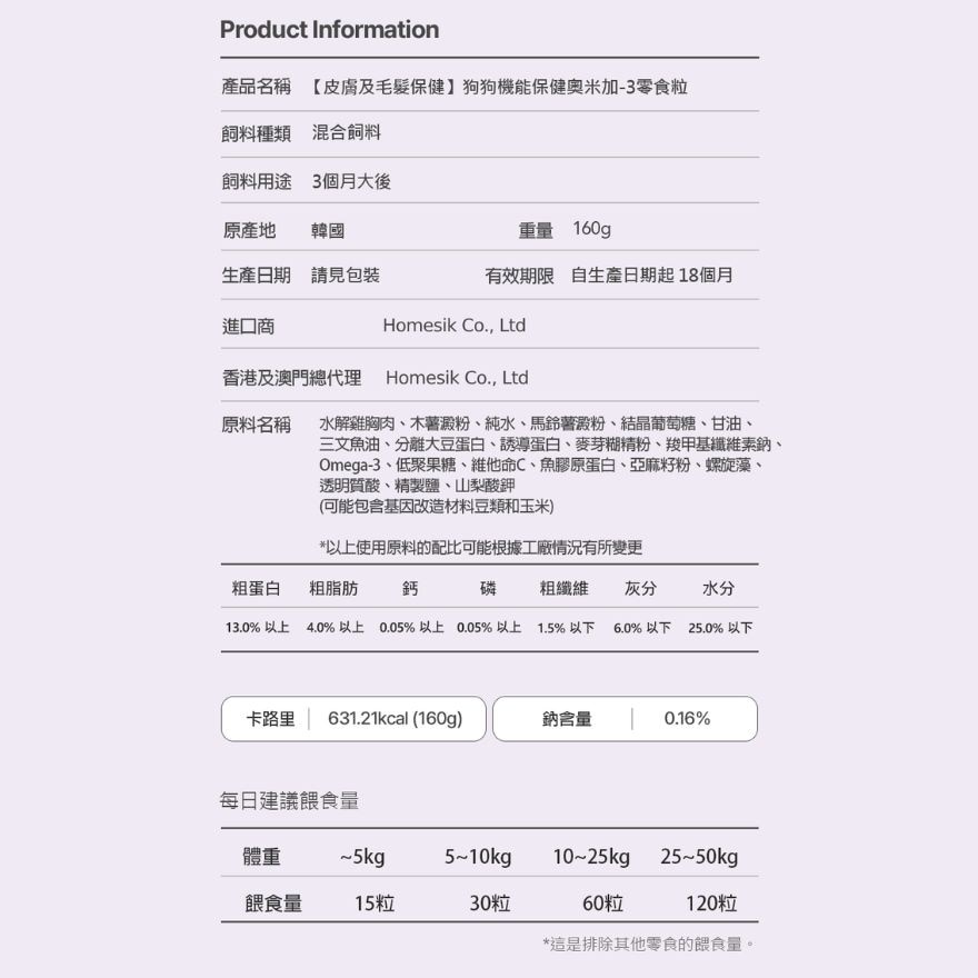 Dog's Daily Treat【Skin & Hair Health】Omega-3 Nutrition Snacks 160g (SUPPLIER DELIVERY-5 WORKING DAYS; FREE DELIVERY UPON $500)